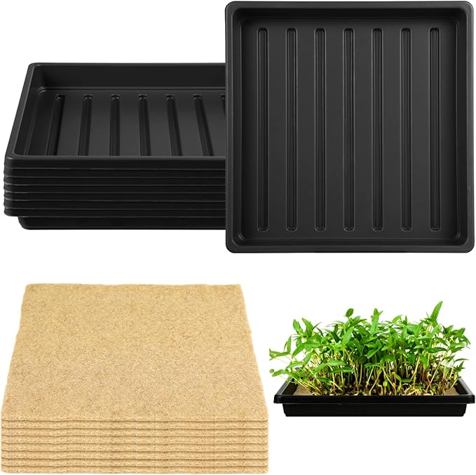 16 PCS Jute Grow Mat Tray Set 8 Reusable Trays and 8 High-Absorbency 9.8 x 9.8 Jute Mats Organic Growing Mat Kit for Microgreens