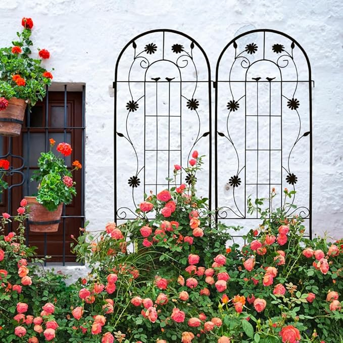 Sturdy Powder-Coated Metal Garden Trellis for Climbing Plants – Rust-Resistant Outdoor Flower Support with Elegant Lattice Design (2 Pack-Black)