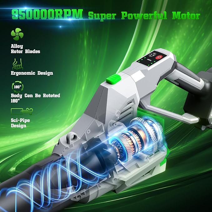 Electric Leaf Blower 950000 RPM Leaf Blower Cordless Body Can be Rotated 180° 2 X 4.5Ah Batteries and Fast Charger 4 Speed Mode Portable Lightweight Grass Blower for Lawn Care Patio Cleaning(Grey)
