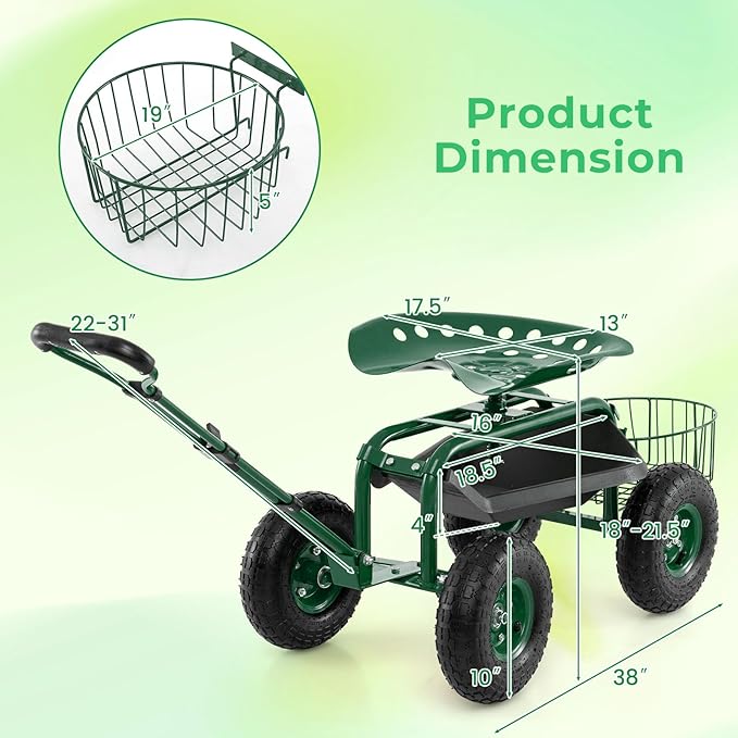 Garden Seat with Wheels Rolling Garden Stool with Extendable Handle Storage Basket &amp Tool Tray Garden Scooter with 360 Degree Swivel Seat for Outdoor Garden