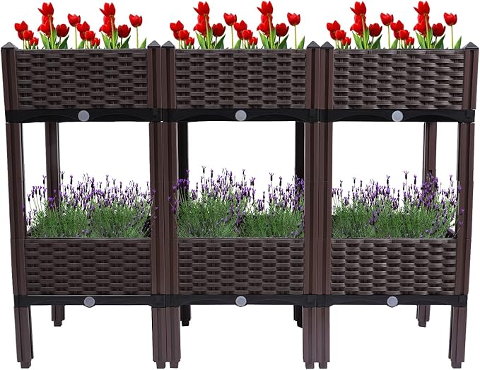 Raised Garden Bed with Legs Garden Boxes Plant Pots Self-Watering Plastic Planter for Indoor Outdoor Vegetables Fruits Potato Flowers (Brown 3+3 Boxes)