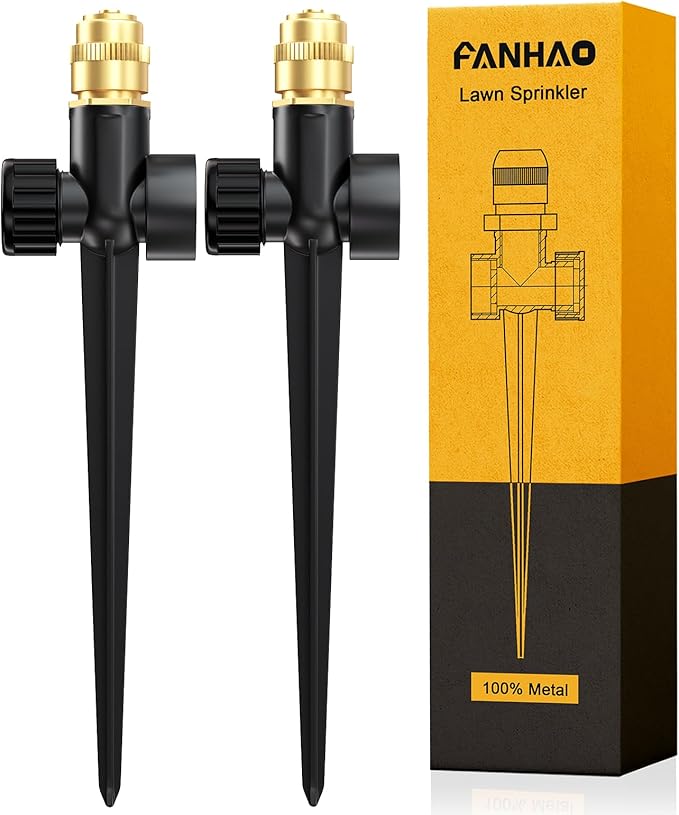 FANHAO Metal Lawn Sprinkler for Yard 2 Pack Automatic Garden Water Sprinkler on Spike Base Adjustable Brass Sprinkler Nozzle 360 Degree Large Area Coverage for Lawn Grass Patio Garden Irrigation