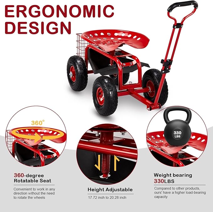 Rolling Garden Work Seat with Wheels Gardening Stool for Planting 360 Degree Swivel Seat Garden Scooter with Steering Handle &amp Tool Tray. (Garden Seat with Handle)