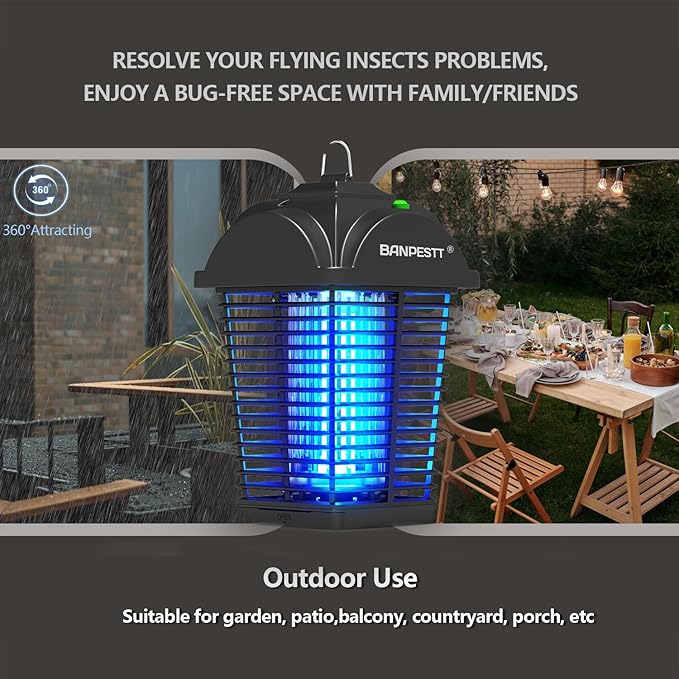 BANPESTT Bug Zapper &amp Electric 4000V Mosquito Killer – Waterproof Indoor/Outdoor with Dusk-to-Dawn Sensor Durable Grid &amp Easy-Clean Tray for Patio Garden &amp Home (Black)