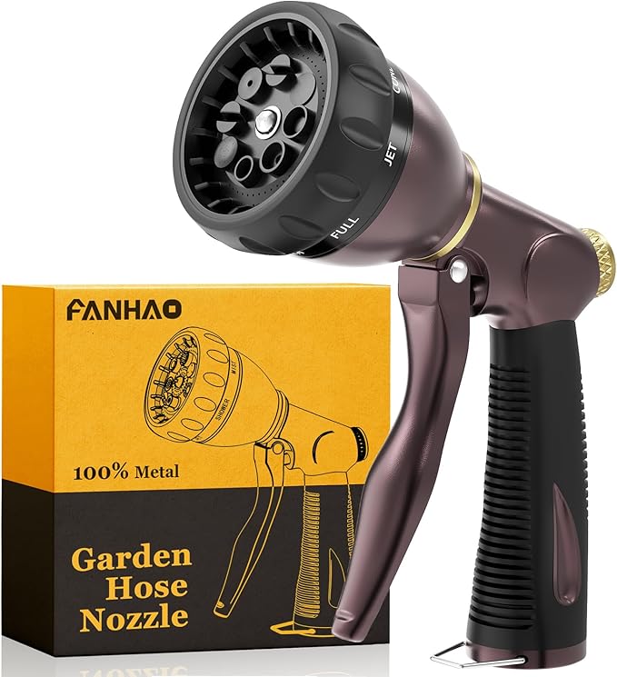 FANHAO Heavy Duty Garden Hose Nozzle 100% Metal Water Nozzle with 8 Adjustable Spray Patterns High Pressure Hose Sprayer with Non-Slip Grip for Watering Plants &amp Lawns Washing Cars &amp Pets -