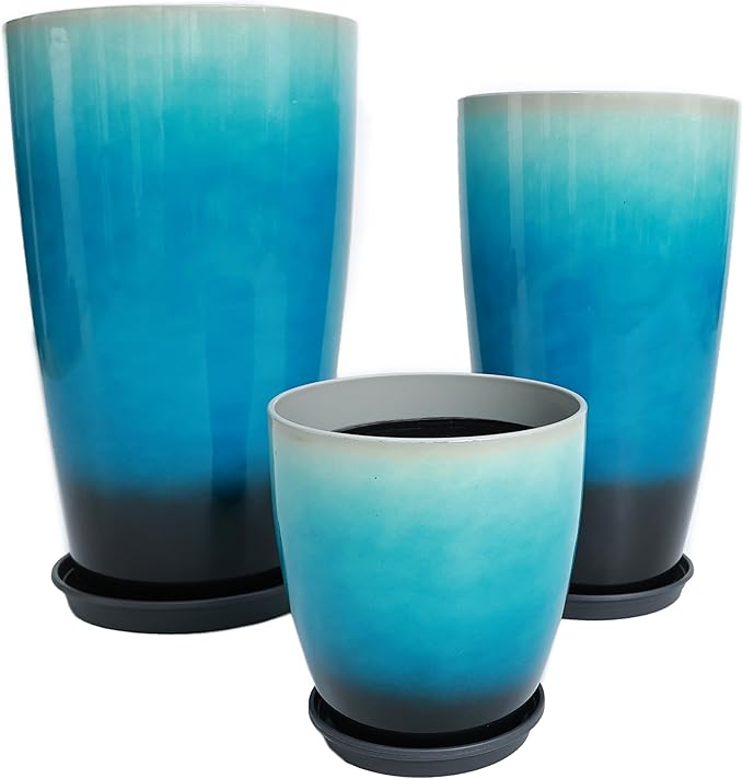 242111 Inch Large Plastic Planters with Drainage Hole and Saucer - Set of 3 Tall Plant Pots Indoor Flower Pot Tall Round Planters Outdoor Large Tall Planter