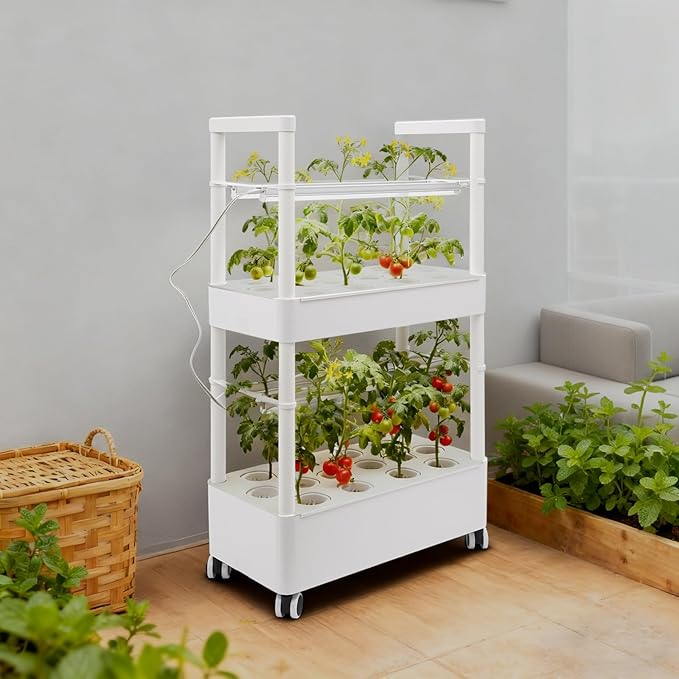Hydroponics System with Grow Lights - 28 Hole Indoor Garden Kit 2-Tier All-in-One with Water Pump &amp Wheels for Offices Living Rooms Kitchens