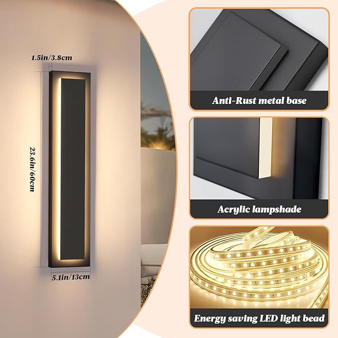 Modern Outdoor Wall Lights -𝟐𝟒 𝐈𝐍 Long Exterior Lighting FixturesBlack LED Outdoor Wall Sconce Use for HousePorchGarageFront Door PatioIP65 Waterproof3000K Warm White24W2 Packs