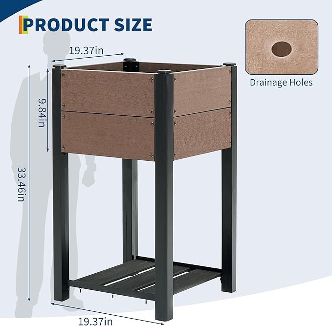 All-Season Raised Garden Bed with Storage Shelf Wood-Grain HDPE Planter Box with Black Aluminum Frame Chemical-Free for Growing Organic Vegetables and Herbs 19 l x 33 h