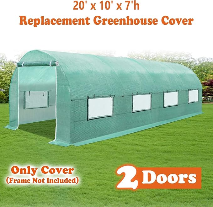 Replacement Cover for Portable Greenhouse Large Walk-in Green Hot Garden House Top Tarp 2 Zippered Doors 8 Roll-up Windows (Frame Does NOT Included) (20 x 10 x 7 ft)