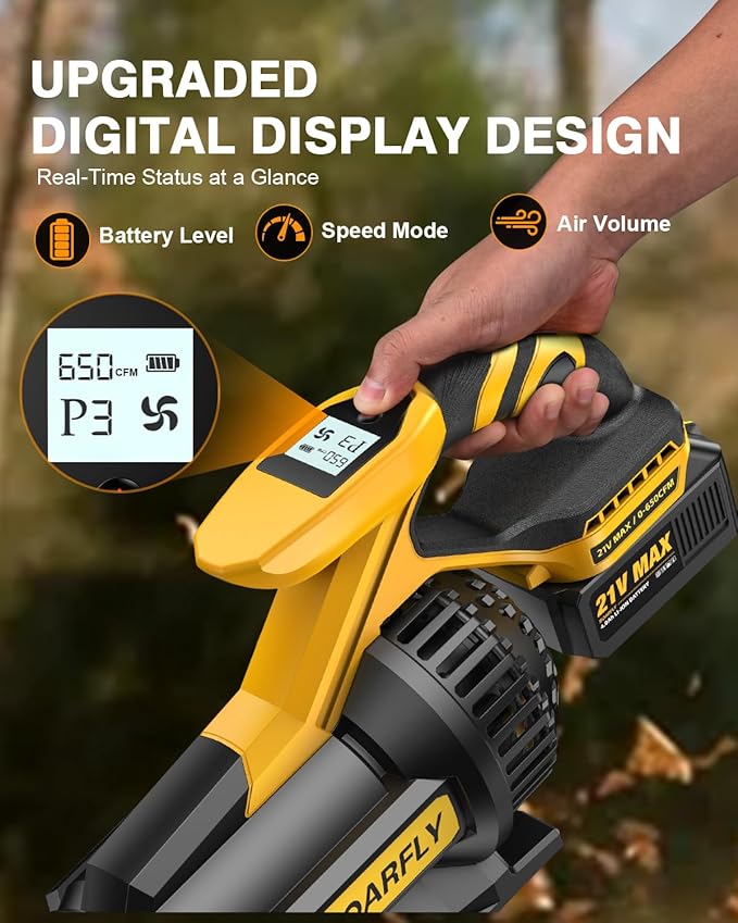 Leaf Blower Cordless 650CFM &amp 3 Speed LevelsElectric Cordless Leaf Blower with LCD DisplayBlowers for Lawn Care with 2 * 4.0Ah Battery PoweredBlowers for Lawn CareYard Blowing Leaves Dust