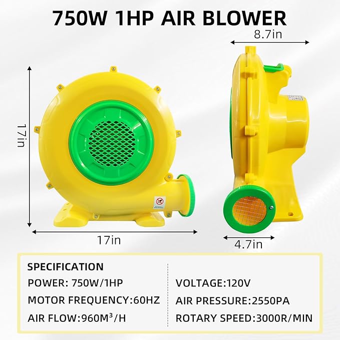 750W Bounce House Blower Powerful Air Blower for Inflatables Portable Bubble House Blower Pump Fan for Inflatable Bouncy Castle Jumper Water Slide Leaf Blower Corded(750Watt 1HP)