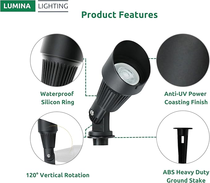 Lumina Lighting® 5W Landscape Lighting 12V Landscape Lights Low Voltage Landscape Spotlights Warm White Waterproof Outdoor Replaceable LED Bulb for GardenLawnPorchPatio and Yard (Black) (2-Pack)