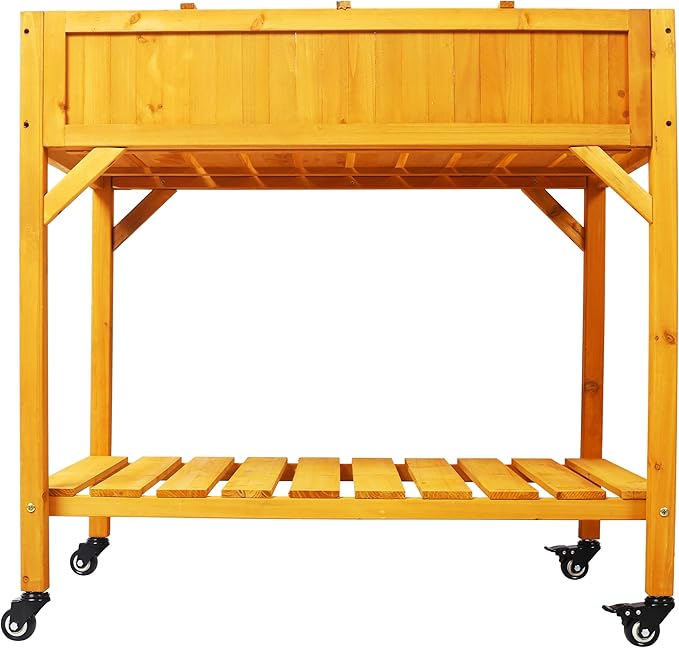 8 Pocket Herb Garden Bed Mobile Raised Customizable Wood Planter for Herbs Vegetables Flowers with Lockable Wheels Storage Shelf Drainage Holes (Wheels)