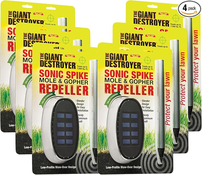 Sonic Spike Mole &amp Gopher Repeller - Solar Powered Ultrasonic Animal Repellent Spikes - Repels Rodents from Lawn Garden &amp Home (4 Pack)