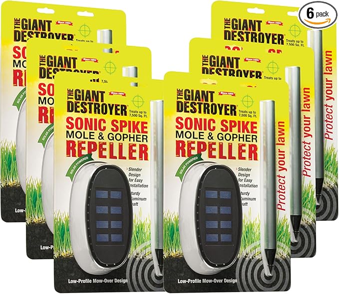 Sonic Spike Mole &amp Gopher Repeller - Solar Powered Ultrasonic Animal Repellent Spikes - Repels Rodents from Lawn Garden &amp Home (6 Pack)