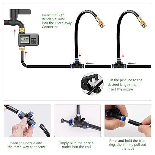 120 Ft Drip Irrigation System with Smart Water Timer – Automatic Garden Watering Kit with Solid Brass Metal Connectors 360° Adjustable Nozzles &amp Bendable Tubing for Garden Greenhouse &amp Lawn