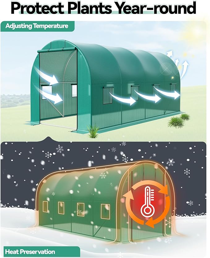 Walk-in Tunnel Greenhouse 6.5 x 15 x 6.5 FT Large Outdoor Greenhouse with Door &amp Vent Windows Heavy-Duty Frame and Green PE Cover for Backyard Gardening
