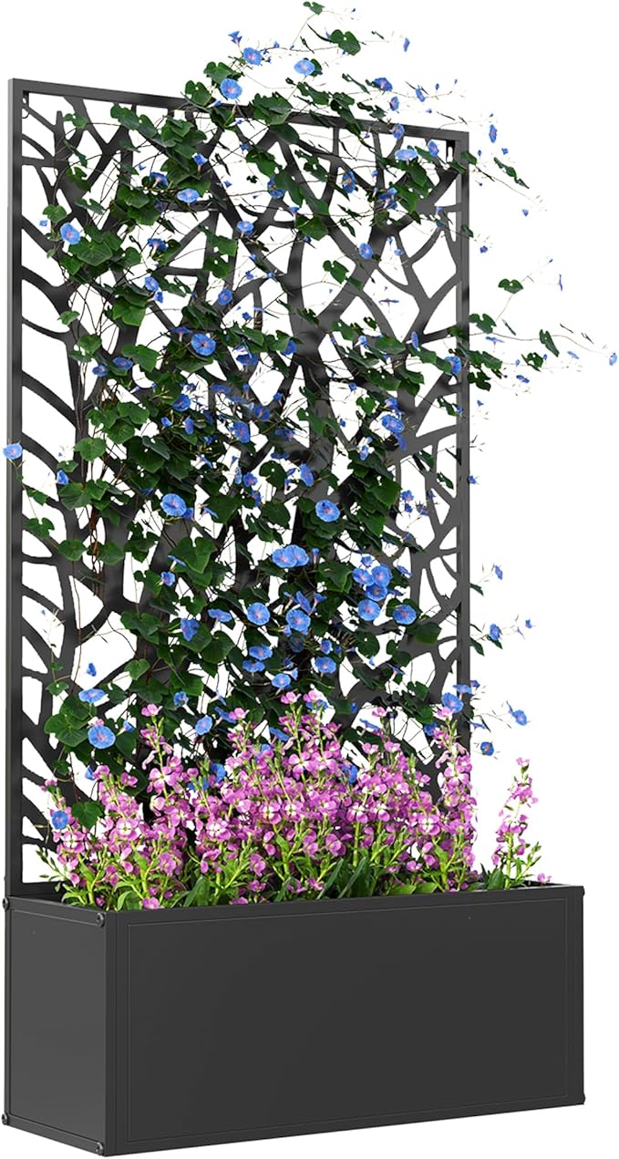 Outsunny Metal Raised Garden Bed with Trellis for Climbing Plants Freestanding or Wall Mounted Flower Bed with Privacy Panel Two Big Tree Cut-Outs Outdoor Planter Box for Garden Patio Balcony