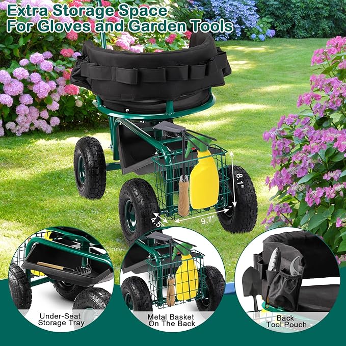 Rolling Garden Cart Garden Scooter with Seat &amp Tool Storage Steering Handles Gardening Helper with Wheels Adjustable Height &amp 360 Degree Swivel Seat Outdoor Gardening Workseat Green