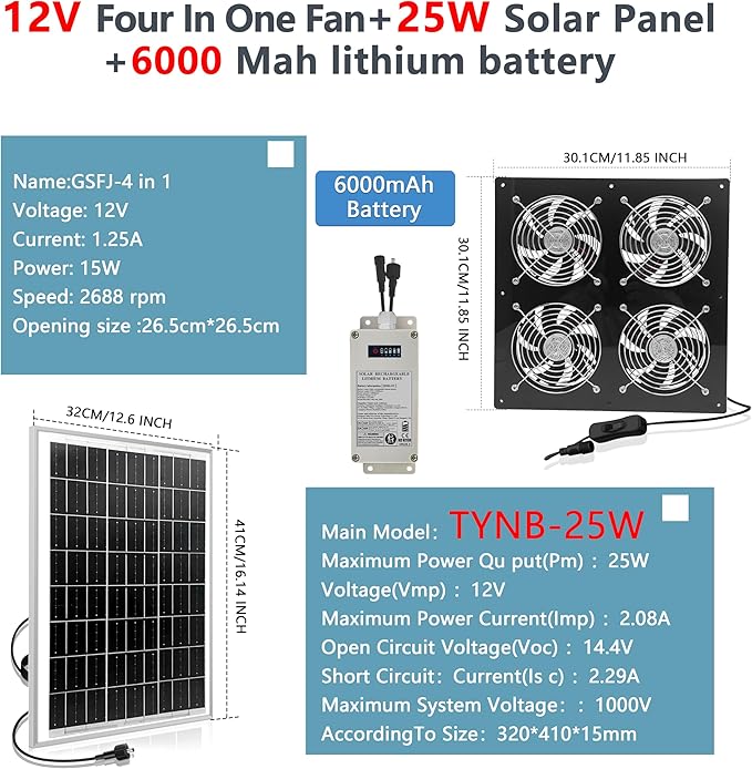 Solar Exhaust Fan for Greenhouse Solar Chicken Coop Fan with 25W Solar Panel &amp 4 Pcs High-Speed Brushless DC Ventilation Fans for ShedAtticsBarnsDog Houses with 6000mAh Battery