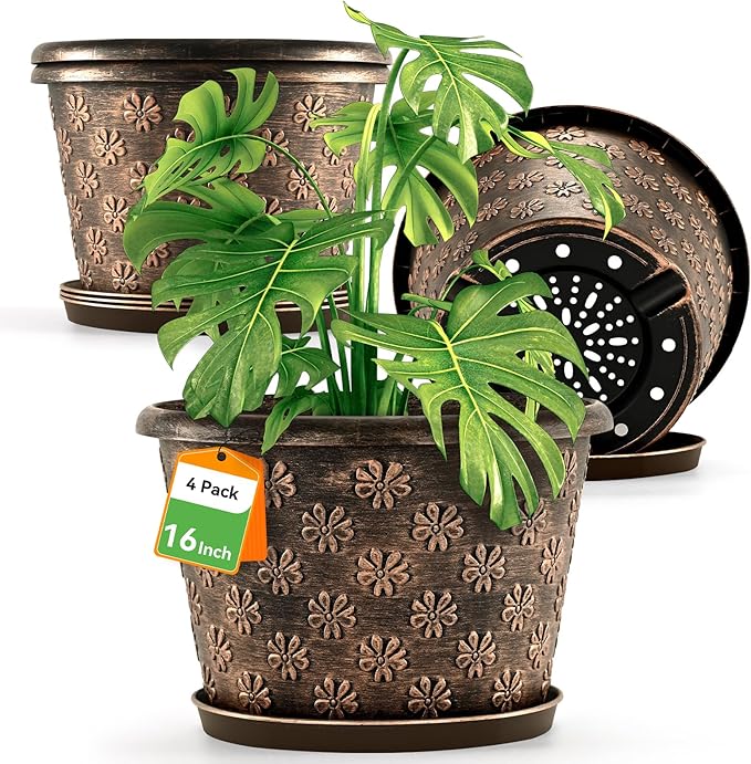 16 Inch Planter Pots for Plants Plastic Large Flower Pots Indoor Outdoor 4 Pack Resin Plant Pot with Drainage &amp Saucer Retro Decorative Garden Pot with Removable Trays for House