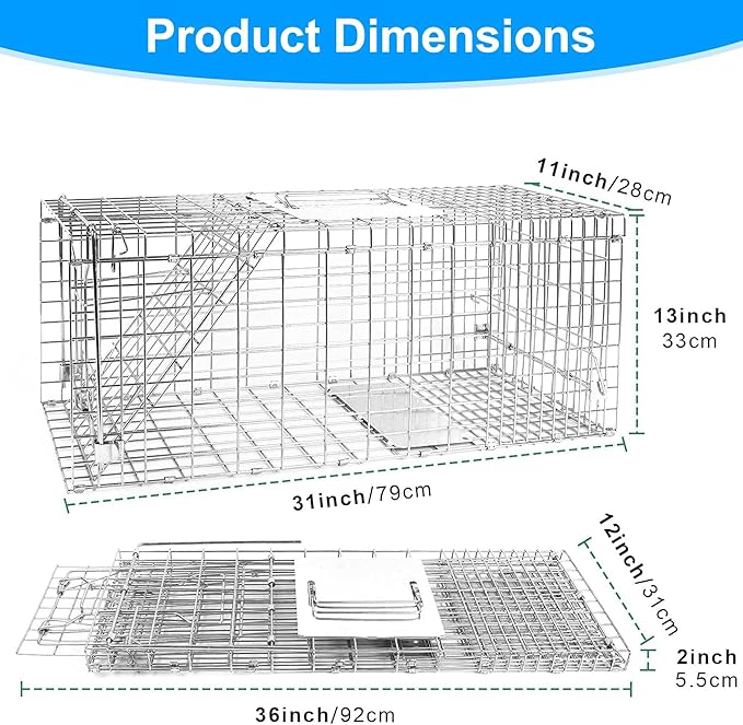 32 Live Animal Trap Cage Heavy Duty Folding Live Animal Cage Trap for Stray Cats Raccoons Squirrels Rabbits Opossums Groundhogs Armadillos up to 16.5 lbs - 32 L x 11 W x 12 H