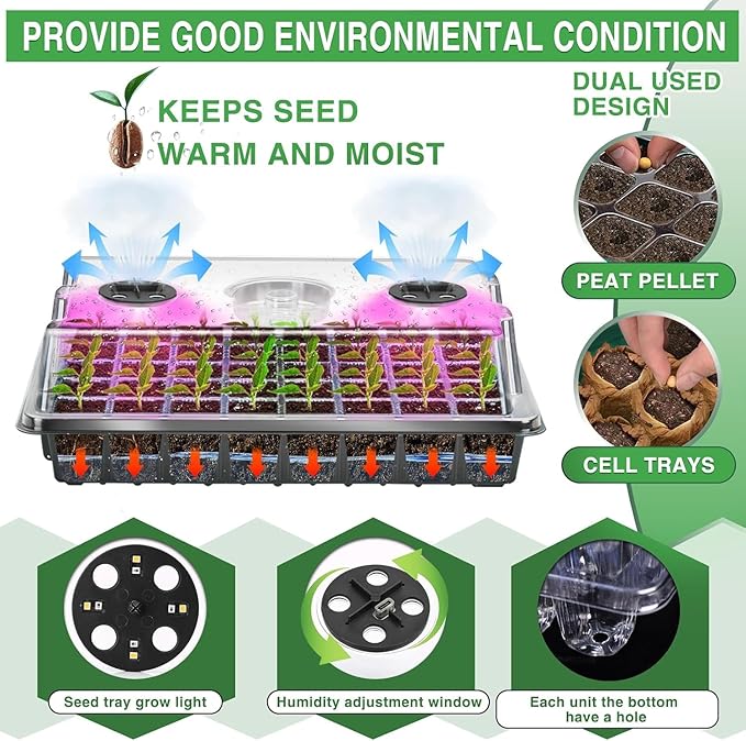 YAUNGEL Seed Starter Tray with Grow Light Seed Starter Kit with Timing Controller Adjustable Brightness 80 Cells Seed Trays for Indoor Planting with Humidity Domes Heightened Lids 2 Pack Black