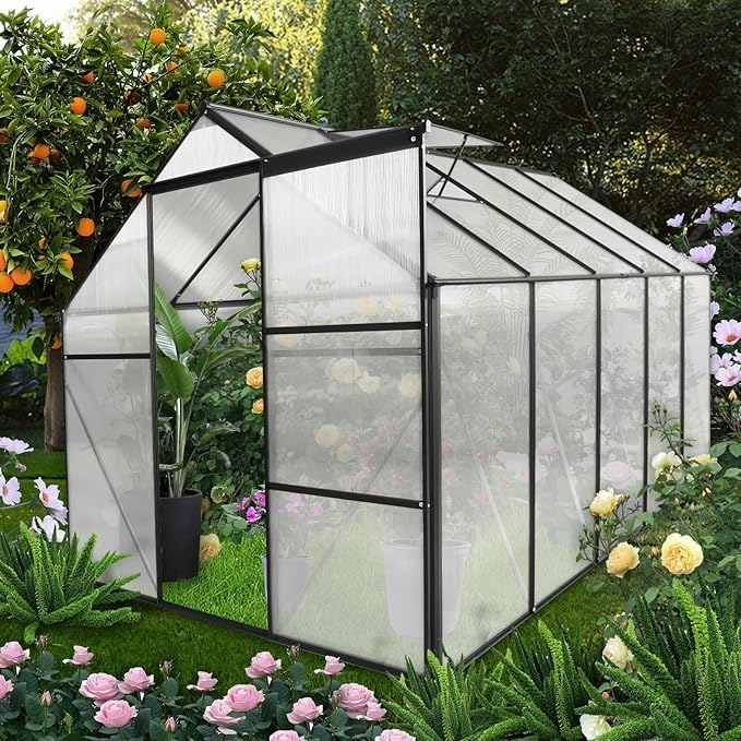 6x10 FT Polycarbonate GreenhouseHeavy Duty Walk-in Garden Plants Green HouseAdjustable RoofRaised Base and Sliding Door for Outdoor BackyardEasy to InstallBlack