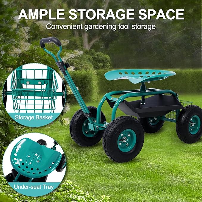 Donext Garden Cart Outdoor Rolling Garden with Wheels 360 Degree Swivel Seat Wagon Scooter with Steering Handle &amp Utility Tool Tray Green