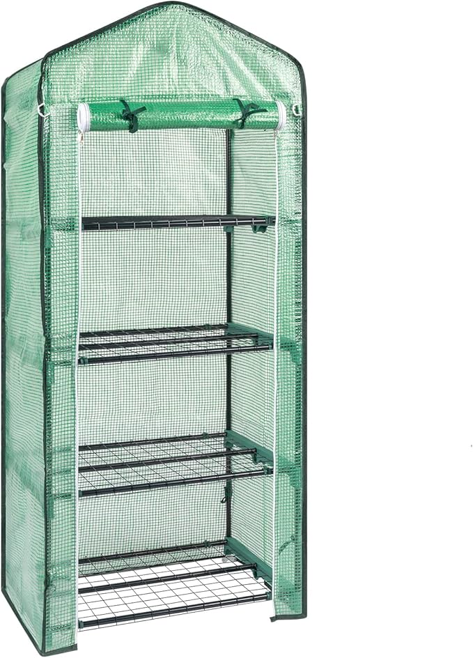 4-Tier Mini Greenhouse Indoor Outdoor with PE Cover and Roll-Up Zipper Door Portable Waterproof Cloth Greenhouse Tent Grow Seeds &amp Seedlings 27.17X19.29X63''Green