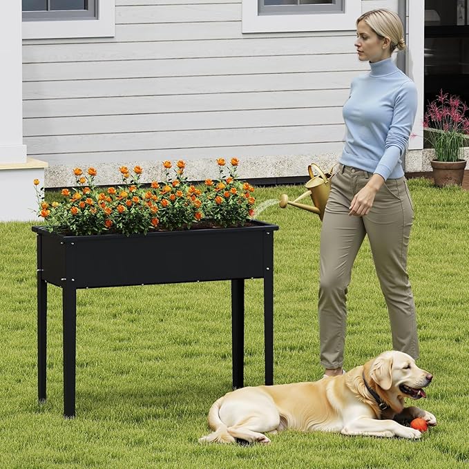 Giantex Metal Raised Garden Bed with Legs Elevated Planter Box with Drainage Holes for Vegetable Fruit Flower Herb Outdoor Standing Gardening Box for Balcony Backyard Patio Porch (40”x16”x32”)