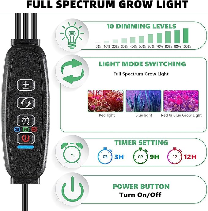 Grow Light Plant Lights for Indoor Plants2 Heads LED Grow Light with Full Spectrum &amp Red Blue Purple Spectrum for Indoor Plant Growing Lamp3/9/12H Timer 10 Dimmable Levels (Both-Head)