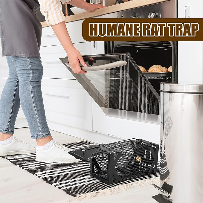 Qualirey 2 Pack Humane Rat Trap 9.8 Inch Upgraded Chipmunk Rodent Squirrel Trap with Adhesive Pre Baited Glue Boards Small Live Animal Catch and Release Hamsters Live Cage for Outdoor Indoor Home