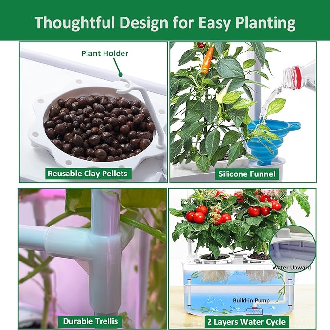 Hydroponics Growing System kit with TrellisSmart Hydroponic Gardening System with LED Grow Light Indoor Hydroponic Garden Herb Grow Kit for Short TomatoPepperCucumber (6200LC)