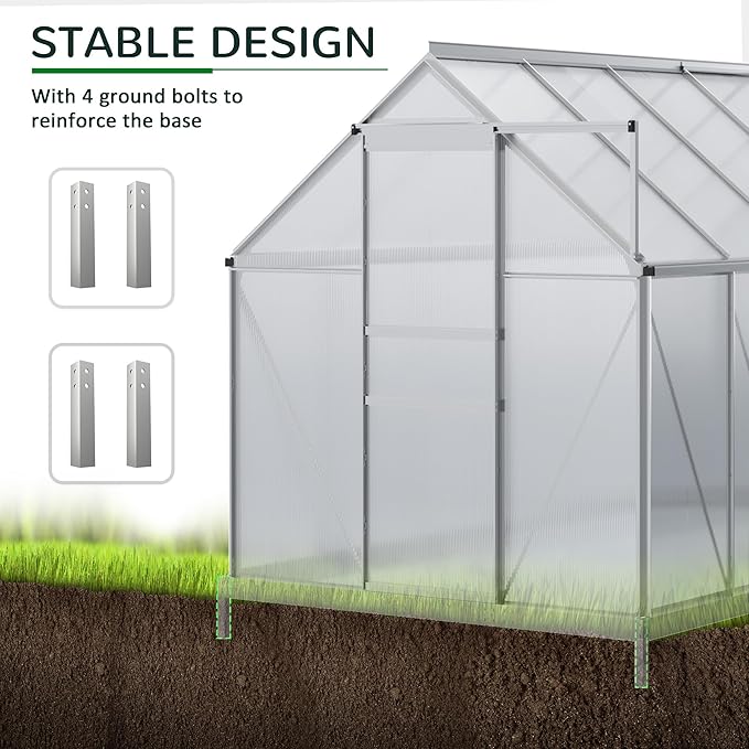 Outsunny 6' x 12' x 6.5' Polycarbonate Greenhouse with Adjustable Roof Vent Walk-in Heavy Duty Green House Kit with Aluminum Frame Sliding Door and Rain Gutter for Winter Silver