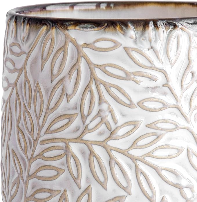 D'vine Dev 6 Inch Embossed Leaves Stoneware Planter Pot with Drainage Hole and Saucer Smoked White Set of 1 27-A-X-1