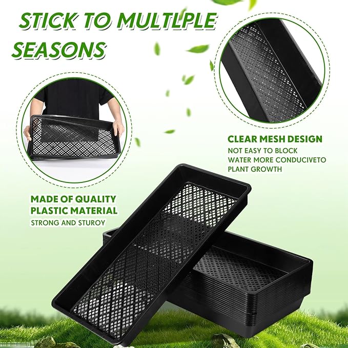 Yungyan 36 Pack 1020 Mesh Bottom Plant Trays Plastic Seed Tray Black Reusable Seedling Starter Trays Durable Microgreens Growing Trays for Outside and Inside Planting 21.06 x 10.63 x 2.56 Inches