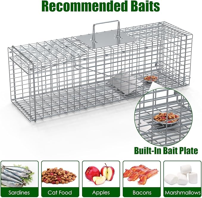 Live Animal Trap Cage 27 Heavy-Duty Folding Catch and Release Steel Humane Cat Trap for Racoons Stray Cats Rabbits Beavers Hedgehogs Chipmunk Small Wildlife Control