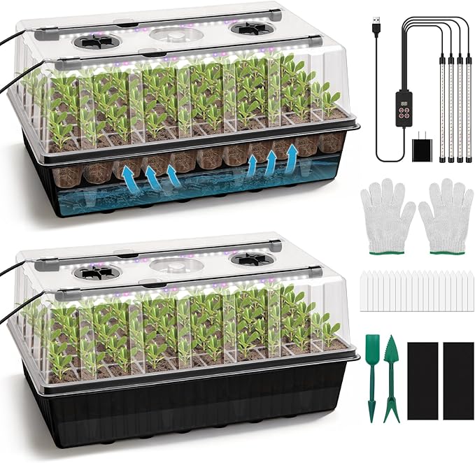 BlumWay 120-Cell Self-Watering Seed Starter Tray with Grow Light 1-24H Timer Seed Starter Kit with 4.02 Humidity Dome Seedling Tray for Indoor Plant Starter Plant Germination Trays-Black