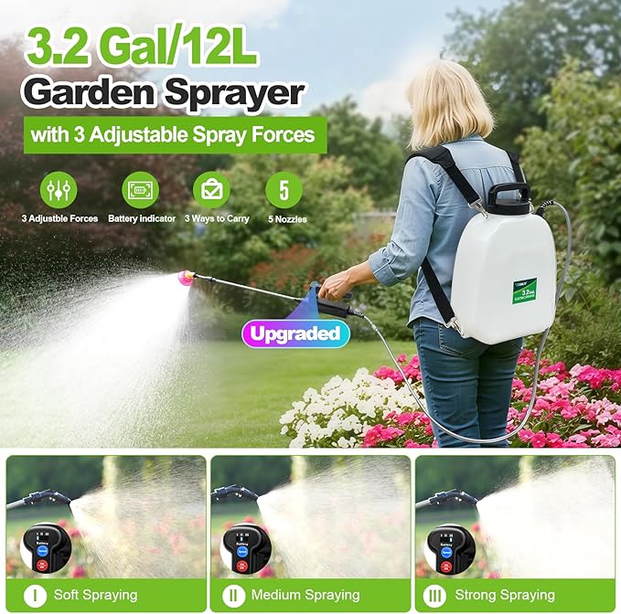 VAXMAY Battery Powered Sprayer 3.2 Gallon Backpack Sprayer with 3 Adjustable Forces Battery Indicator 5 Mist Nozzles 41 Retractable Wand USB Rechargeable Garden Sprayer for Weed Lawn Yard