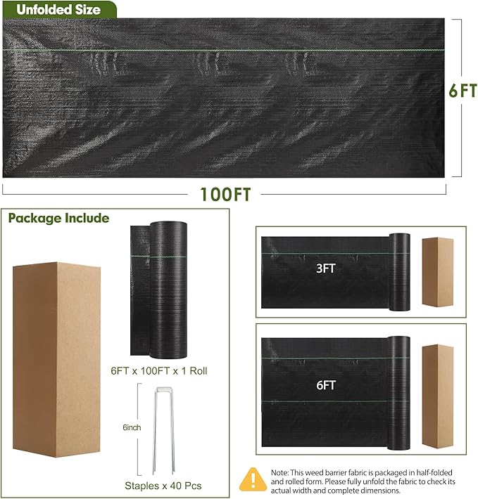 HongWay 6FT x 100FT Weed Barrier Landscape Fabric Weed Control Weed Blocker Fabric Heavy Duty with 40 U-Shaped Stakes Ground Garden Bed Cover Woven Geotextile Fabric for Underlayment Driveway