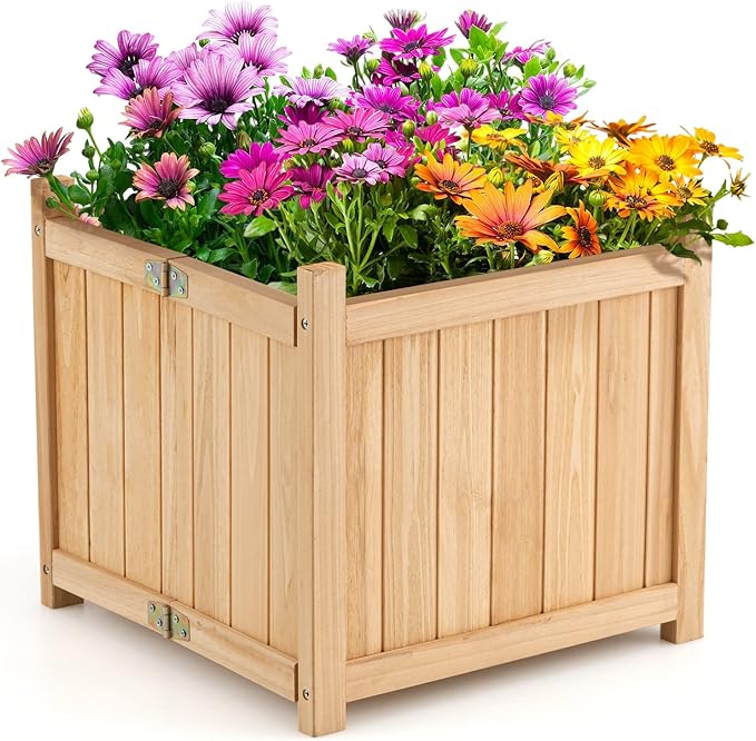 S AFSTAR Outdoor Wooden Planter Box Folding Raised Garden Bed W/Drainage Hole Patio Square Plant Container for Flowers Vegetables Fruits Herbs Collapsible Planting Box for Yard 15 x 15 x 14