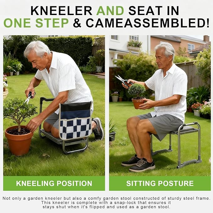 Garden Kneeler and Seat Wider Thicker Kneeling Pad Heavy Duty Garden Stool Includes Gardening Tools Pouch and Bag Convertible Garden Bench Kneeling Chair/Gifts for Parents Women Seniors
