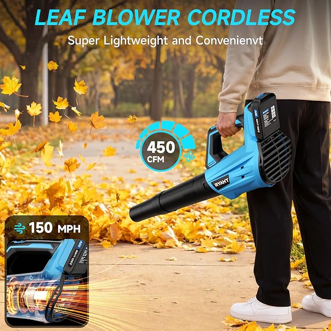 Leaf Blower Cordless Leaf Blower with Battery and Charger - 2 Speed Modes 2 Batteries 20V Powerful Lightweight Electric Blowers for Blowing Leaves Lawn Care Patio Cleaning and Dust Blue
