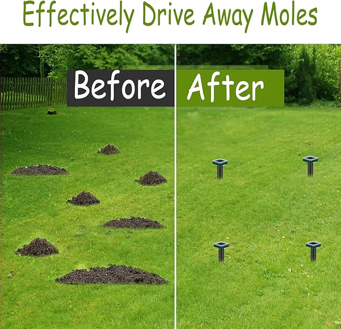 Mole Repellent Solar Powered for Lawns Snake Repellent for Yard Gopher Trap Groundhog Vole Repellent Ultrasonic Spike Outdoor Waterproof Sonic Chipmunk Rodent Burrowing Animals Deterrent Stake (4)