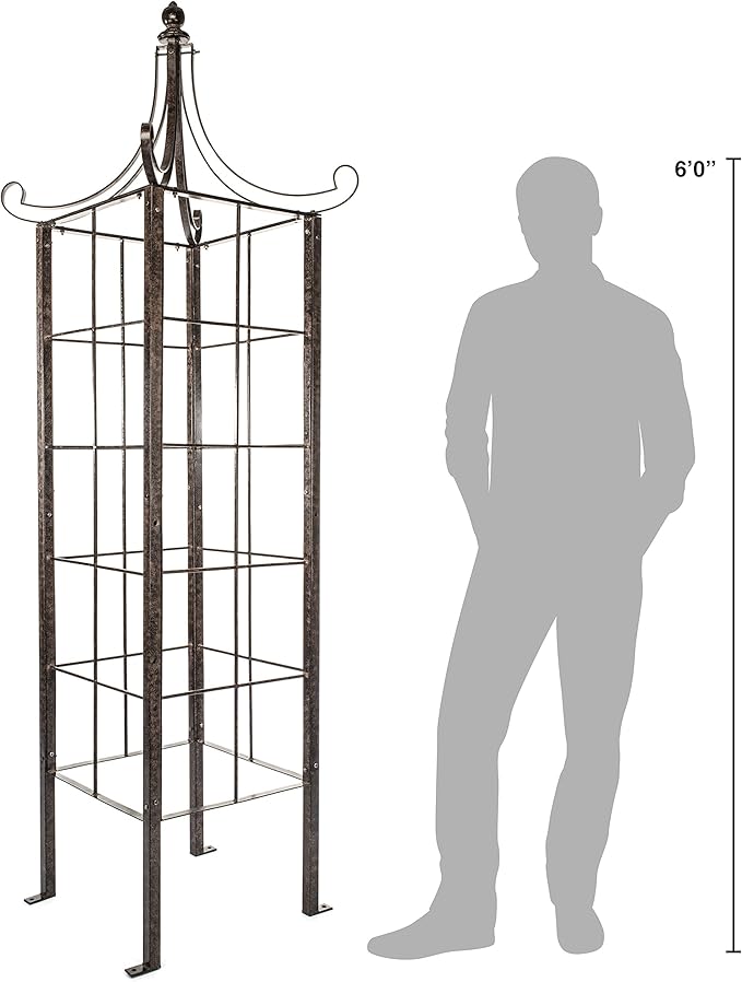 H Potter Garden Obelisk Trellis 7.5 FT Tall — 77-Lb Heavy Duty Iron for Climbing Roses Clematis Jasmine — Decorative Finial Ground Spikes Included Freestanding