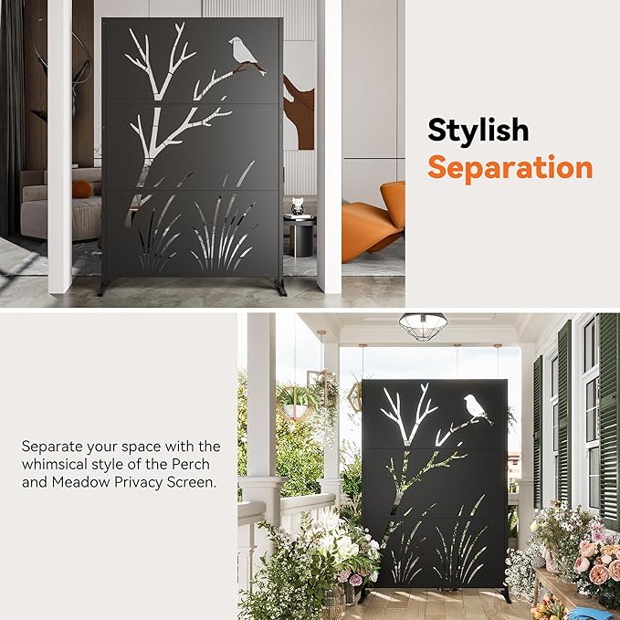 Modern Shade 4x6 FT Metal Privacy Screen with Artistic Modular Designs Decorative Patio Privacy Fence &amp Garden Divider Freestanding Outdoor Metal Fence Panel Weather-Resistant (Perch &amp Meado