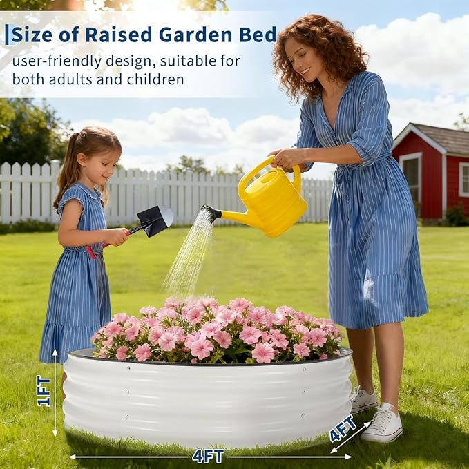 4x4x1ft Galvanized Raised Garden Bed Kit Oval Steel Planter Box with Open Bottom for Better Drainage &amp Root Growth Rust-Resistant Outdoor Flower &amp Vegetable Garden Bed Easy Assembly (White)