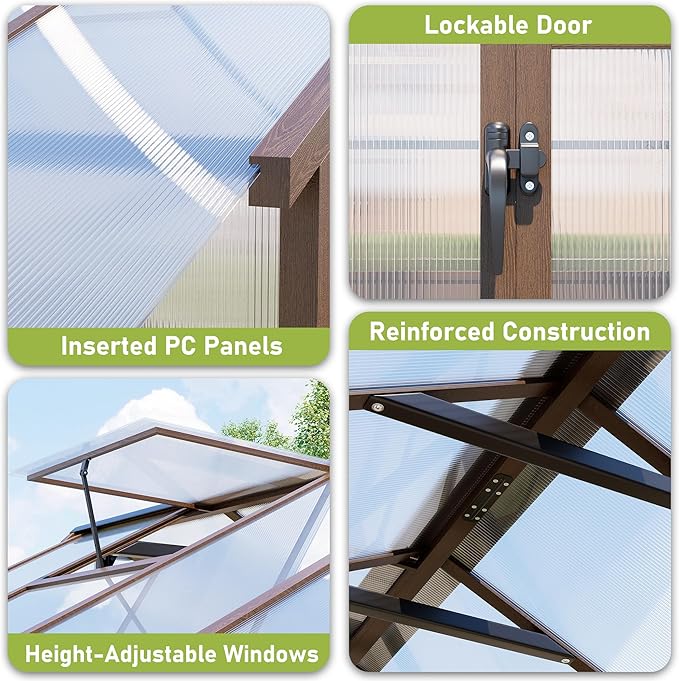 8x14 FT Wooden Greenhouse for Outdoors Walk in Polycarbonate Greenhouse with Locked Door and Roof Vent Heavy Duty Green Houses with Cedar Frame for Outside Garden Backyard Brown